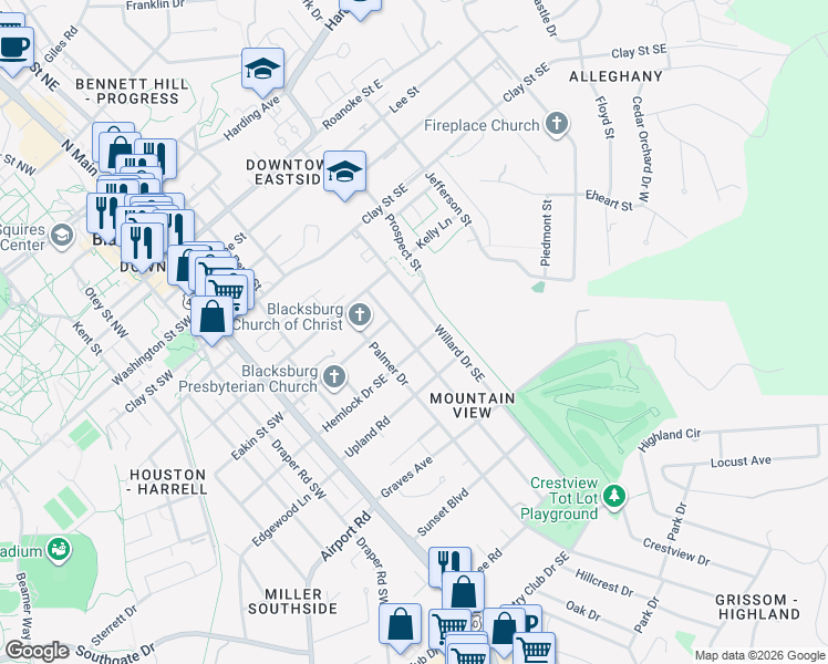 map of restaurants, bars, coffee shops, grocery stores, and more near 711 Kentwood Drive in Blacksburg