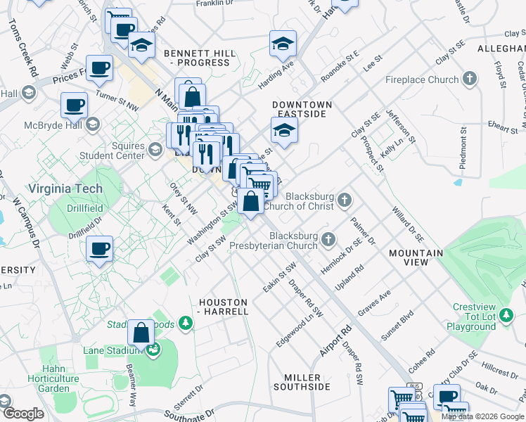 map of restaurants, bars, coffee shops, grocery stores, and more near 400 South Main Street in Blacksburg