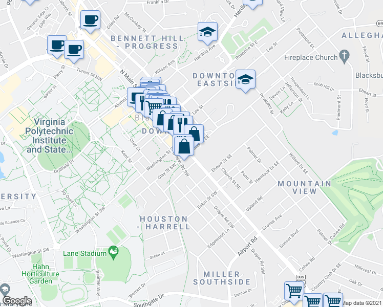 map of restaurants, bars, coffee shops, grocery stores, and more near 400 South Main Street in Blacksburg
