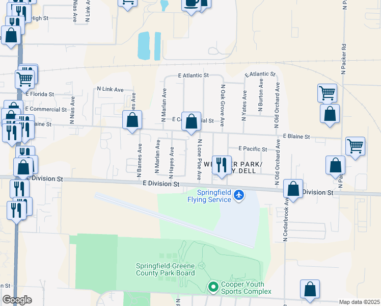 map of restaurants, bars, coffee shops, grocery stores, and more near 1649 North Patterson Avenue in Springfield