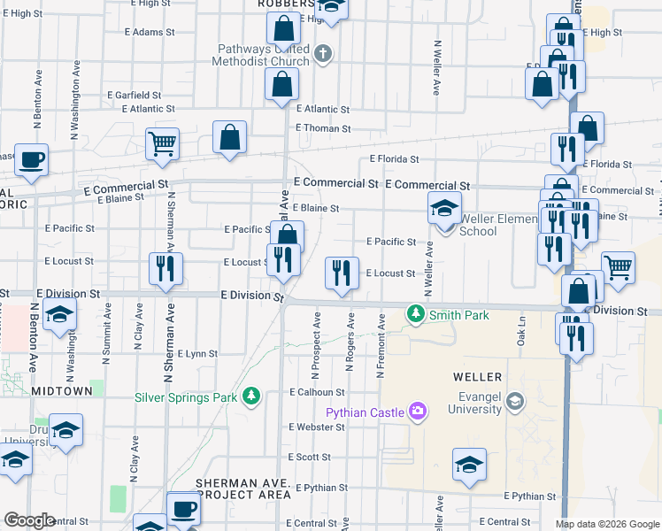 map of restaurants, bars, coffee shops, grocery stores, and more near 1316 East Locust Street in Springfield