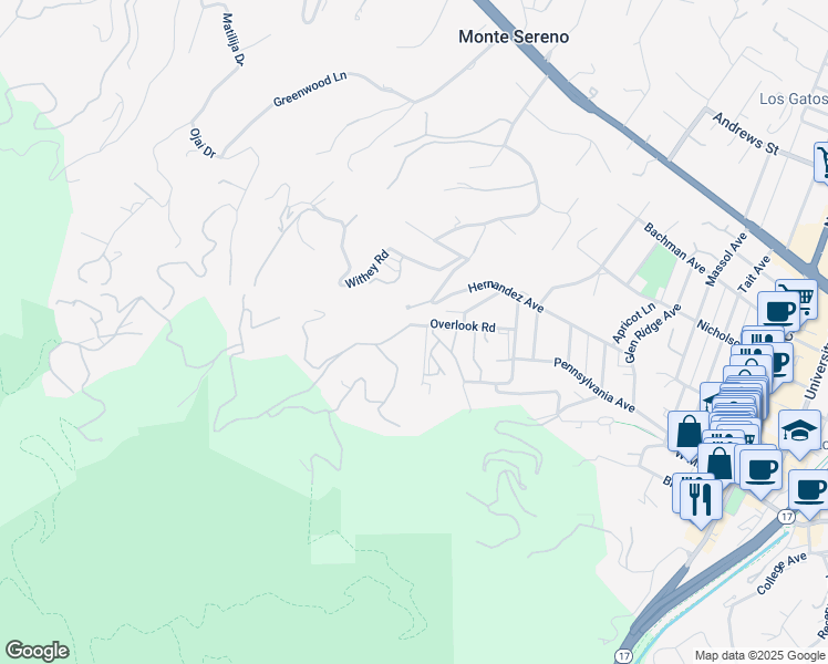 map of restaurants, bars, coffee shops, grocery stores, and more near 18510 Overlook Road in Los Gatos