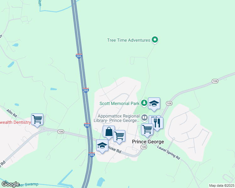 map of restaurants, bars, coffee shops, grocery stores, and more near 307 Cottonwood Lane in Prince George