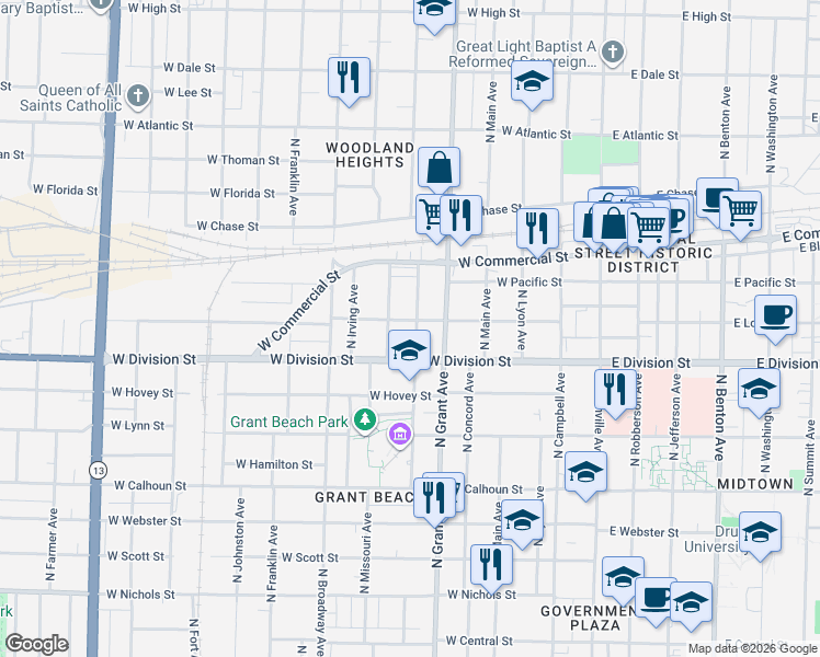 map of restaurants, bars, coffee shops, grocery stores, and more near 1522 North Missouri Avenue in Springfield