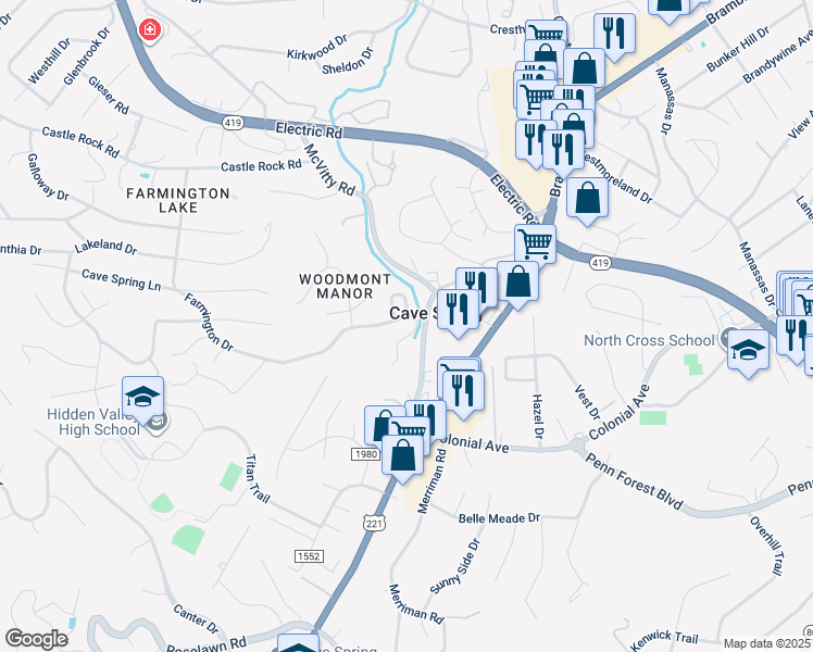 map of restaurants, bars, coffee shops, grocery stores, and more near 4818 Cave Spring Lane in Cave Spring