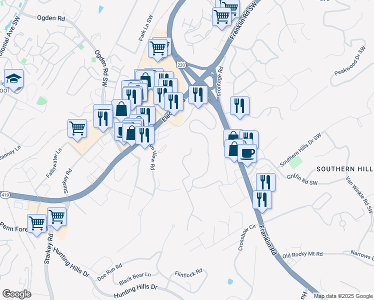 map of restaurants, bars, coffee shops, grocery stores, and more near 5422 The Peaks Drive in Roanoke