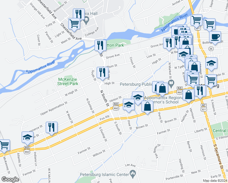 map of restaurants, bars, coffee shops, grocery stores, and more near 645 Commerce Street in Petersburg