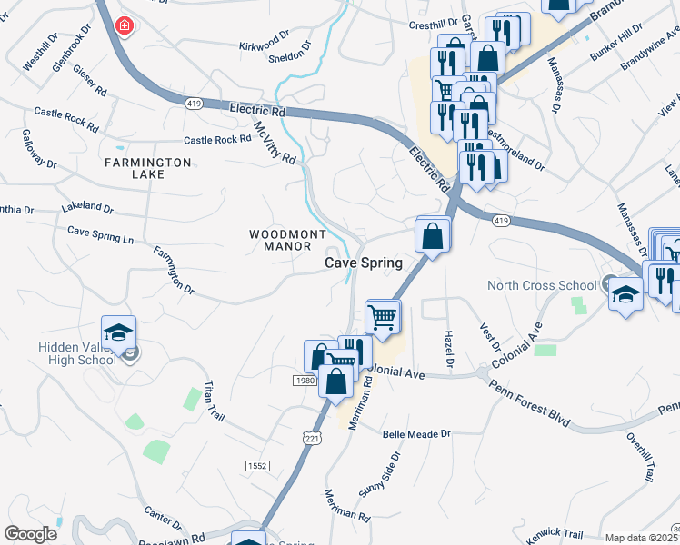 map of restaurants, bars, coffee shops, grocery stores, and more near 4818 Cave Spring Lane in Cave Spring