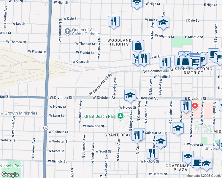 map of restaurants, bars, coffee shops, grocery stores, and more near 1534 North Broadway Avenue in Springfield