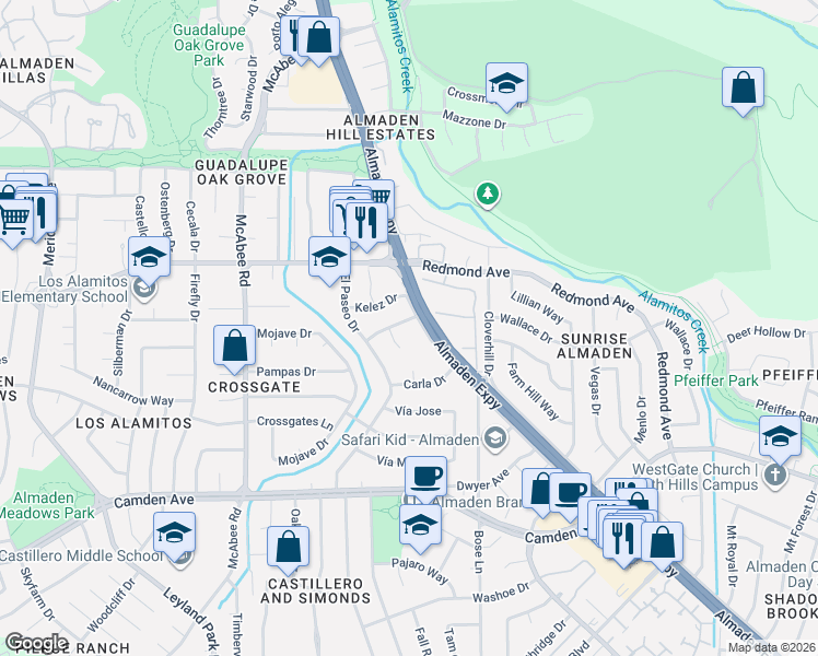 map of restaurants, bars, coffee shops, grocery stores, and more near 1118 El Prado Court in San Jose