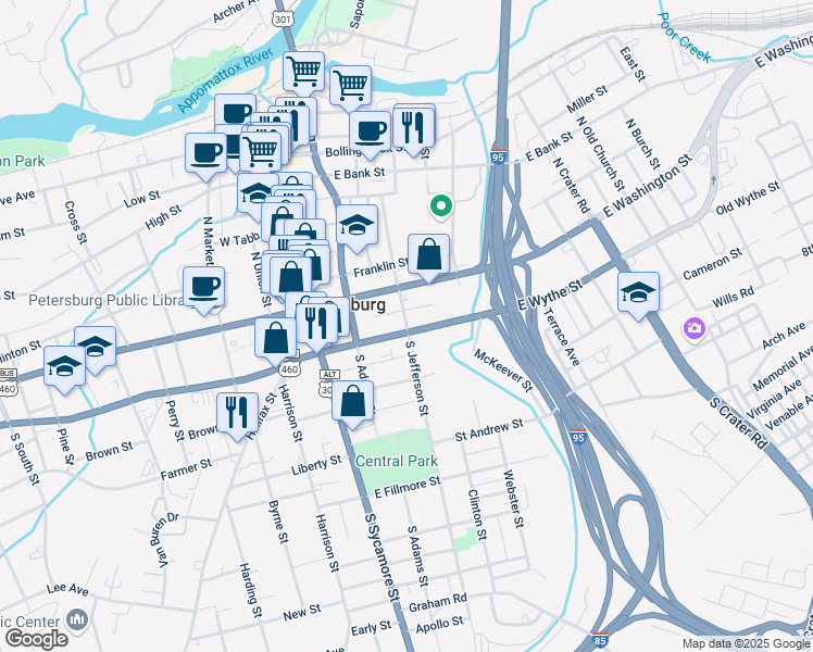 map of restaurants, bars, coffee shops, grocery stores, and more near 134 East Wythe Street in Petersburg