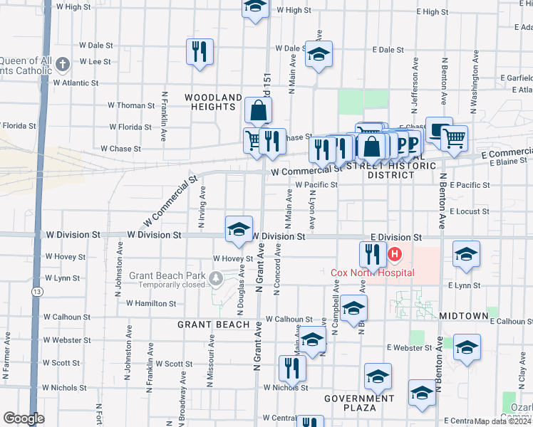 map of restaurants, bars, coffee shops, grocery stores, and more near 1534 North Grant Avenue in Springfield