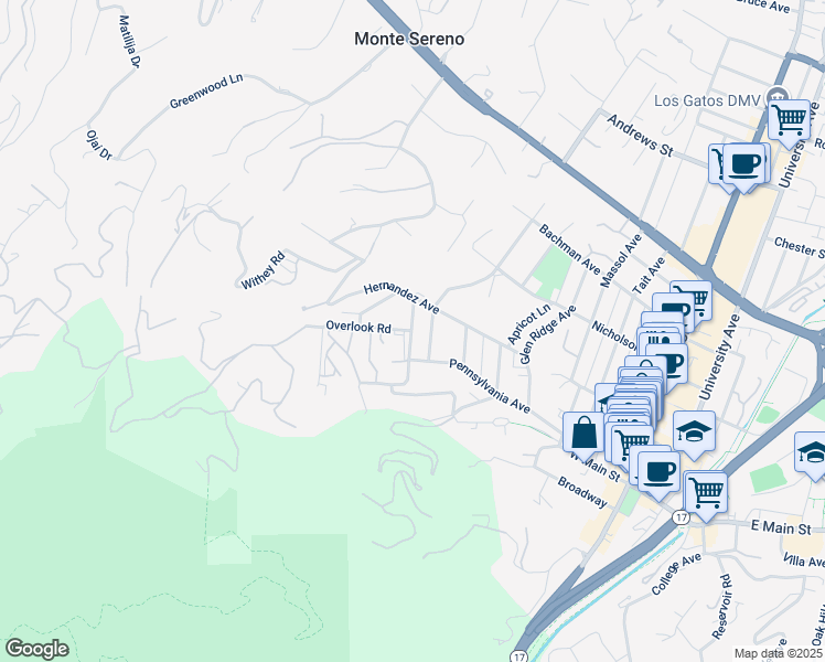 map of restaurants, bars, coffee shops, grocery stores, and more near 13890 Overlook Road in Los Gatos