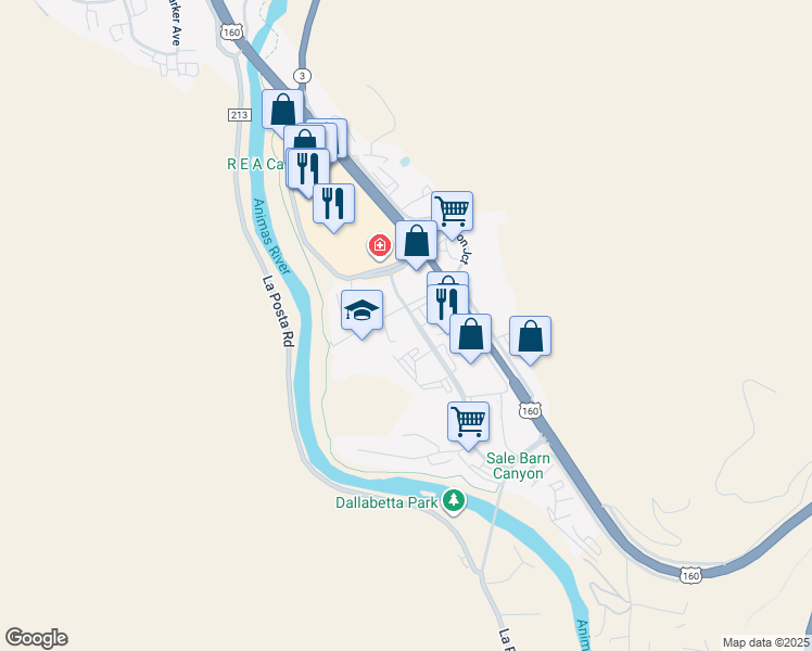 map of restaurants, bars, coffee shops, grocery stores, and more near 129 Baker Lane in Durango