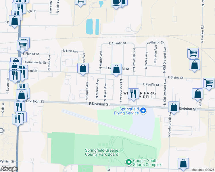 map of restaurants, bars, coffee shops, grocery stores, and more near 1649 North Patterson Avenue in Springfield