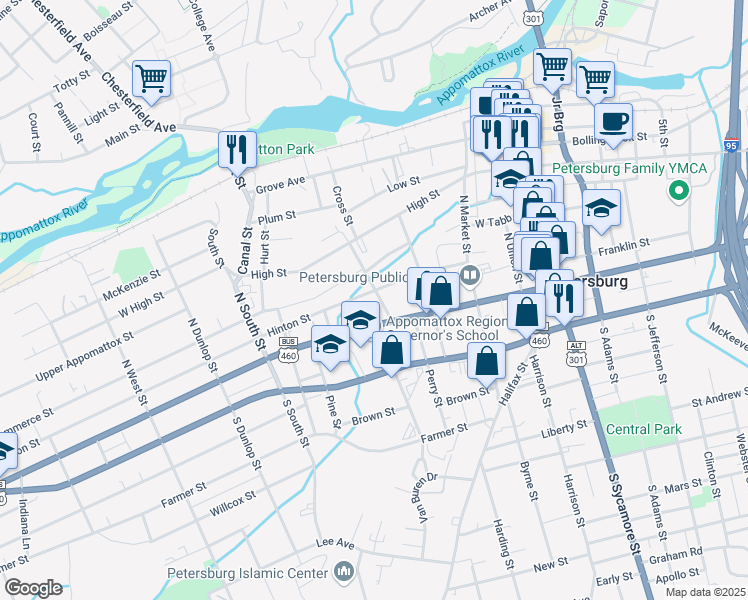 map of restaurants, bars, coffee shops, grocery stores, and more near 30 Lafayette Street in Petersburg