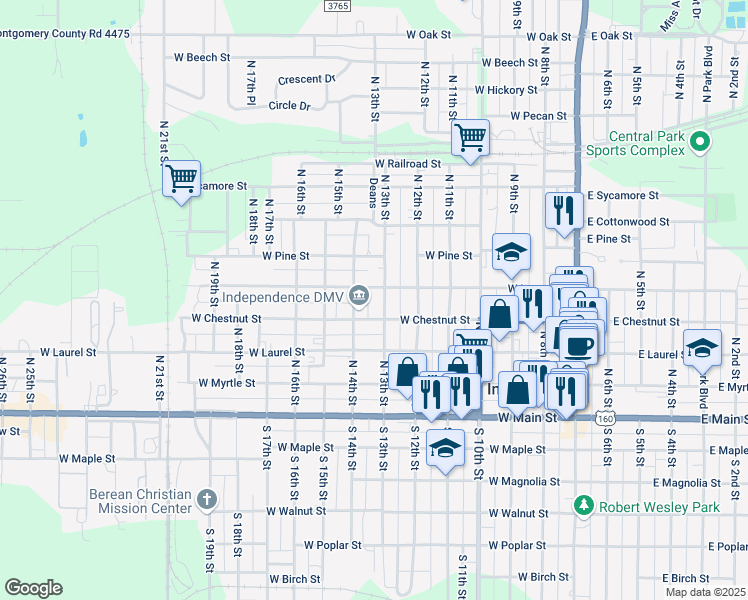 map of restaurants, bars, coffee shops, grocery stores, and more near 401 North 13th Street in Independence