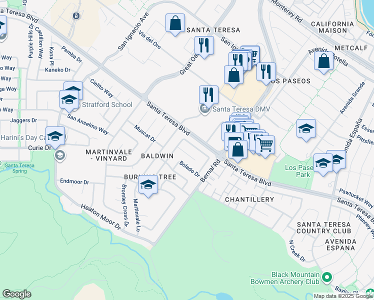 map of restaurants, bars, coffee shops, grocery stores, and more near 6932 Burning Tree Court in San Jose