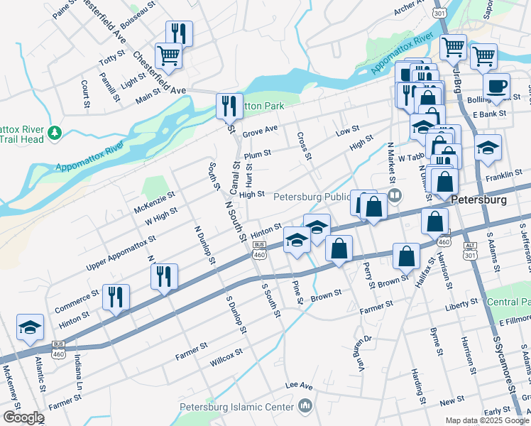 map of restaurants, bars, coffee shops, grocery stores, and more near 645 Commerce Street in Petersburg