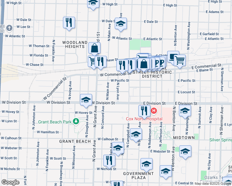 map of restaurants, bars, coffee shops, grocery stores, and more near 1537 North Lyon Avenue in Springfield