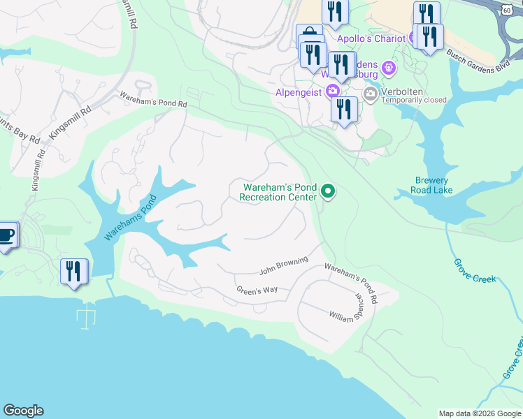 map of restaurants, bars, coffee shops, grocery stores, and more near 133 Captaine Graves in Williamsburg