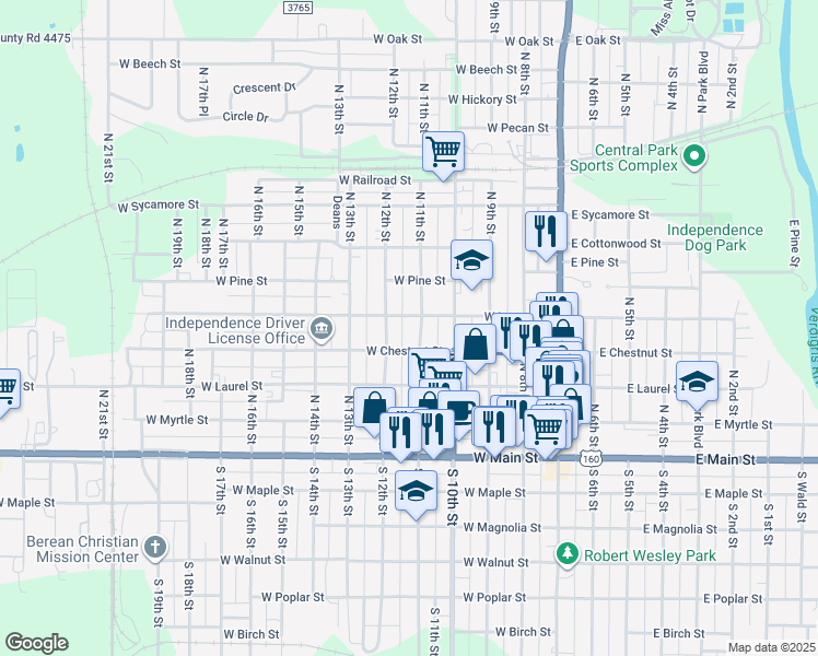 map of restaurants, bars, coffee shops, grocery stores, and more near 415 North 11th Street in Independence
