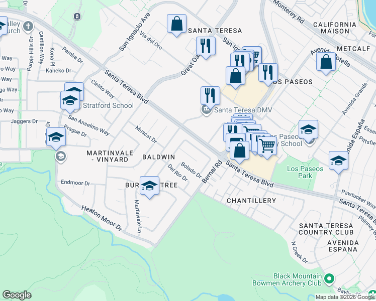 map of restaurants, bars, coffee shops, grocery stores, and more near 6932 Burning Tree Court in San Jose