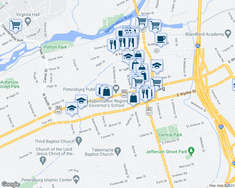 map of restaurants, bars, coffee shops, grocery stores, and more near 15 North Market Street in Petersburg