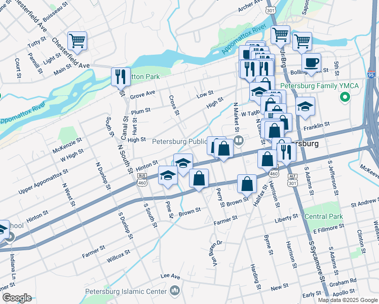 map of restaurants, bars, coffee shops, grocery stores, and more near 32 Lafayette Street in Petersburg