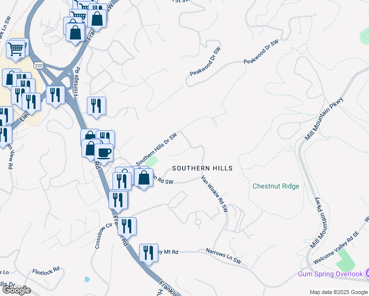 map of restaurants, bars, coffee shops, grocery stores, and more near 4260 Joplin Road Southwest in Roanoke
