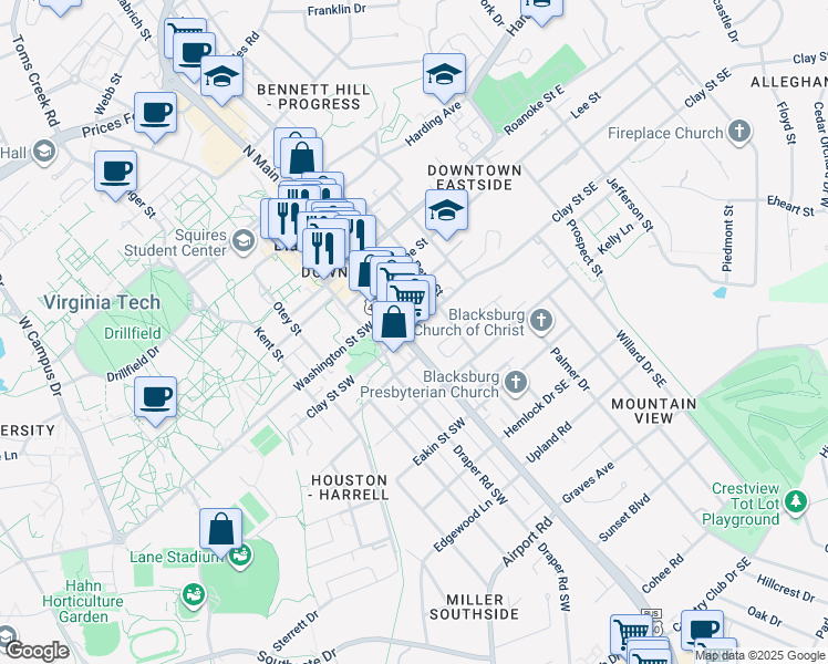 map of restaurants, bars, coffee shops, grocery stores, and more near 401 South Main Street in Blacksburg