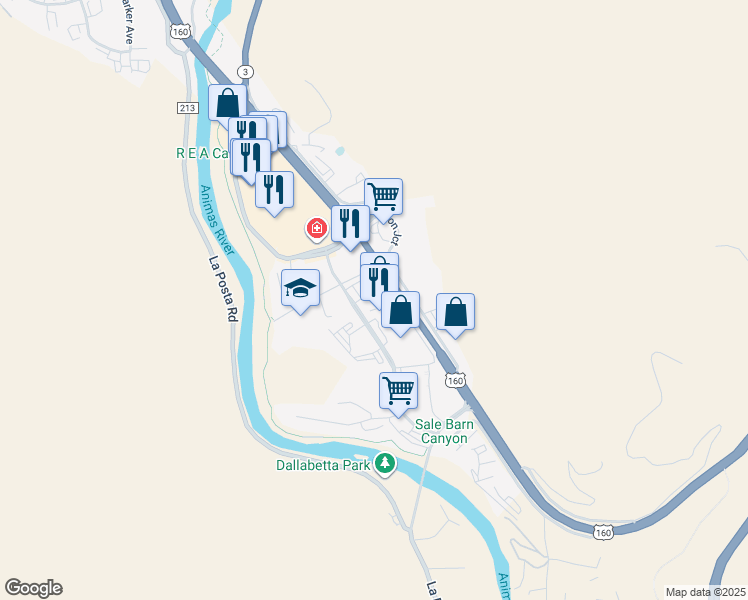 map of restaurants, bars, coffee shops, grocery stores, and more near 129 Baker Lane in Durango