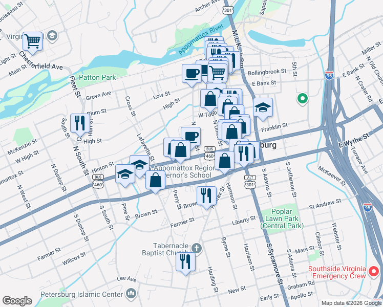 map of restaurants, bars, coffee shops, grocery stores, and more near 201 West Washington Street in Petersburg