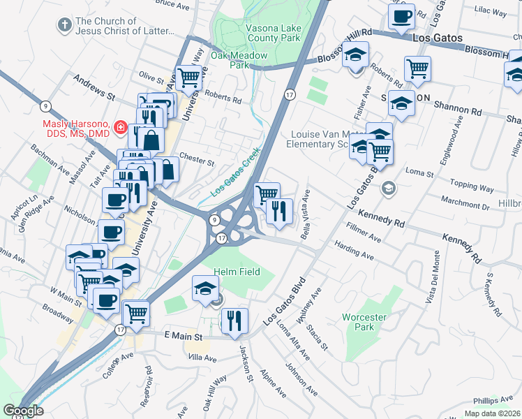 map of restaurants, bars, coffee shops, grocery stores, and more near 409 Alberto Way in Los Gatos