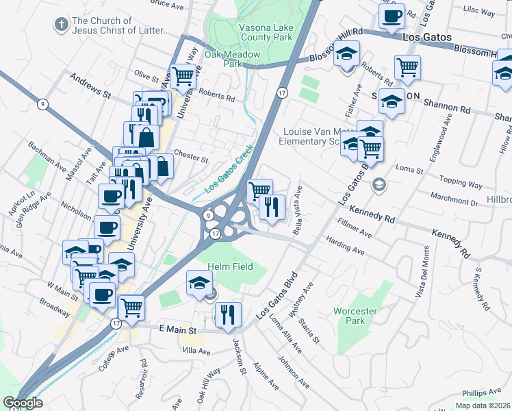 map of restaurants, bars, coffee shops, grocery stores, and more near 409 Alberto Way in Los Gatos