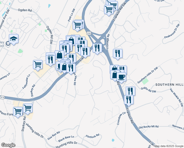 map of restaurants, bars, coffee shops, grocery stores, and more near 5456 The Peaks Drive in Roanoke