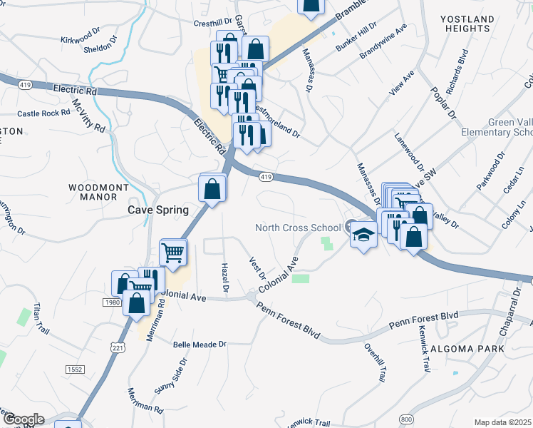 map of restaurants, bars, coffee shops, grocery stores, and more near 4517 Hammond Lane in Cave Spring