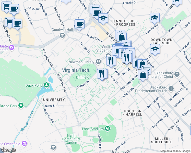 map of restaurants, bars, coffee shops, grocery stores, and more near 440 Drillfield Drive in Blacksburg