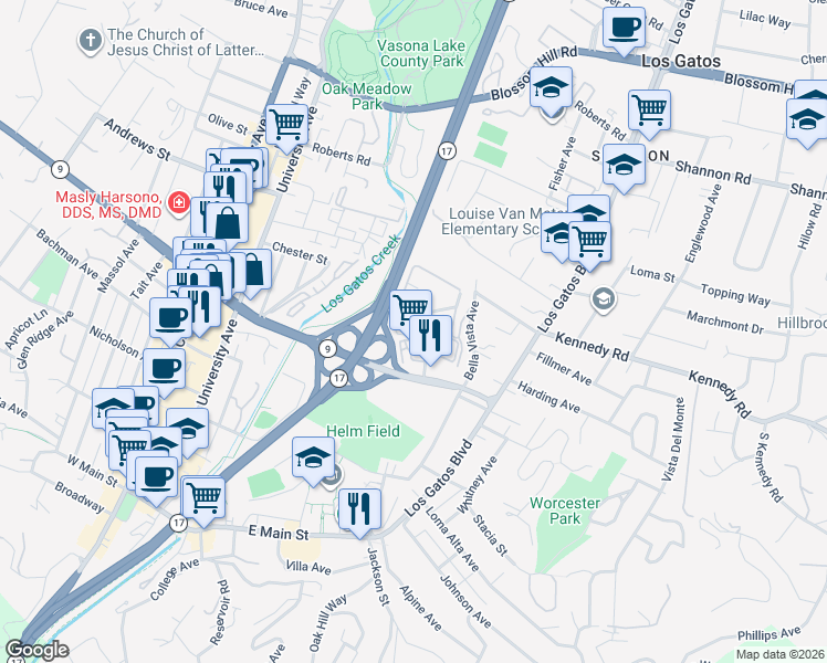 map of restaurants, bars, coffee shops, grocery stores, and more near 435 Alberto Way in Los Gatos