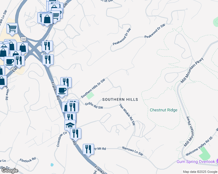 map of restaurants, bars, coffee shops, grocery stores, and more near 4260 Joplin Road Southwest in Roanoke