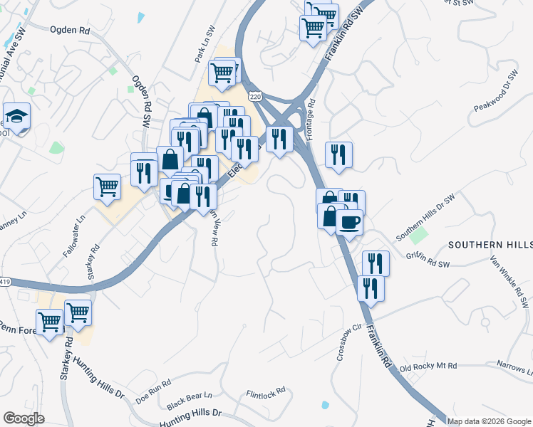 map of restaurants, bars, coffee shops, grocery stores, and more near 5422 The Peaks Drive in Roanoke