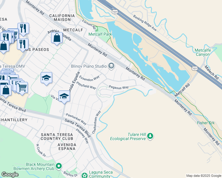 map of restaurants, bars, coffee shops, grocery stores, and more near 7445 Tulare Hill Drive in San Jose
