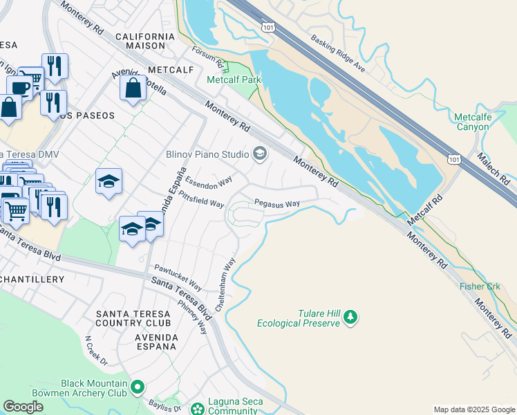 map of restaurants, bars, coffee shops, grocery stores, and more near 7445 Tulare Hill Drive in San Jose