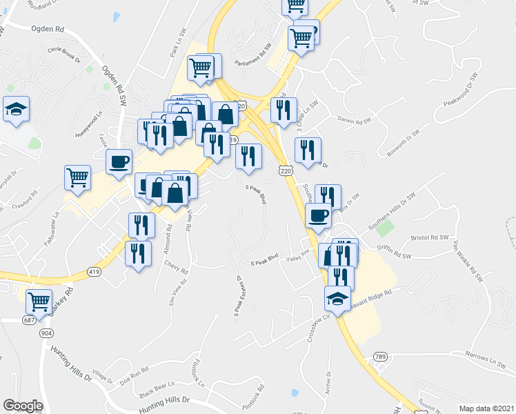 map of restaurants, bars, coffee shops, grocery stores, and more near South Peak Boulevard in Roanoke County