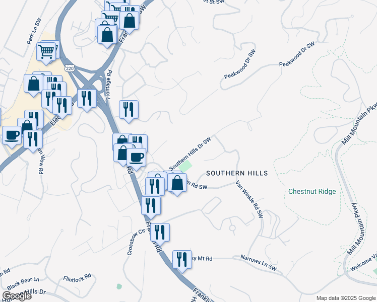 map of restaurants, bars, coffee shops, grocery stores, and more near 4266 Southern Hills Drive Southwest in Roanoke