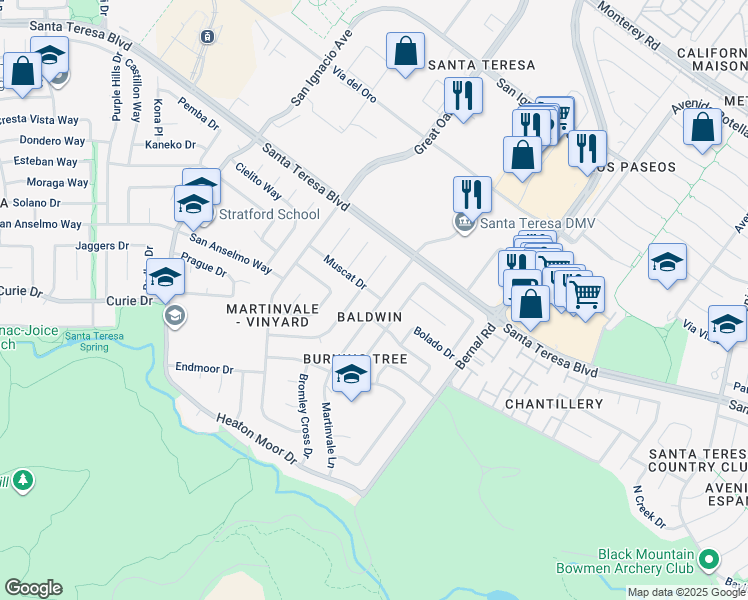 map of restaurants, bars, coffee shops, grocery stores, and more near 227 Martinvale Lane in San Jose