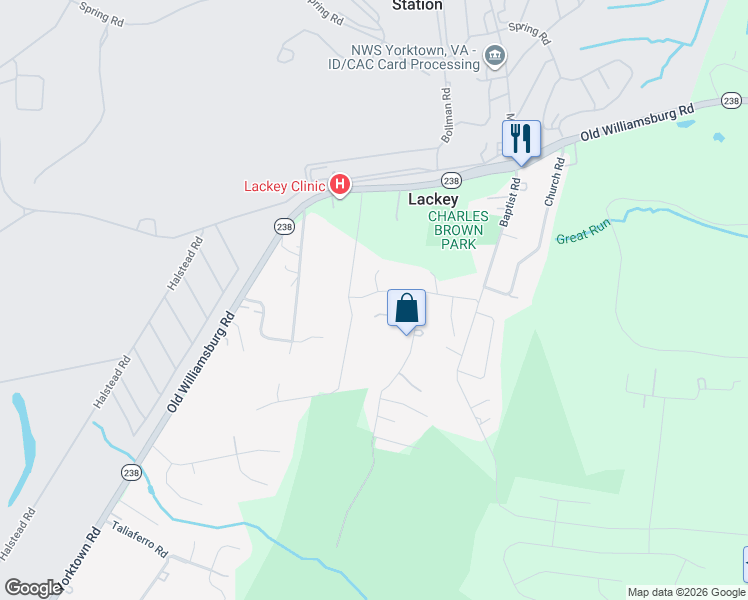 map of restaurants, bars, coffee shops, grocery stores, and more near 308 Maple Road in Yorktown
