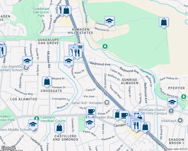 map of restaurants, bars, coffee shops, grocery stores, and more near 1126 Silver Oak Court in San Jose