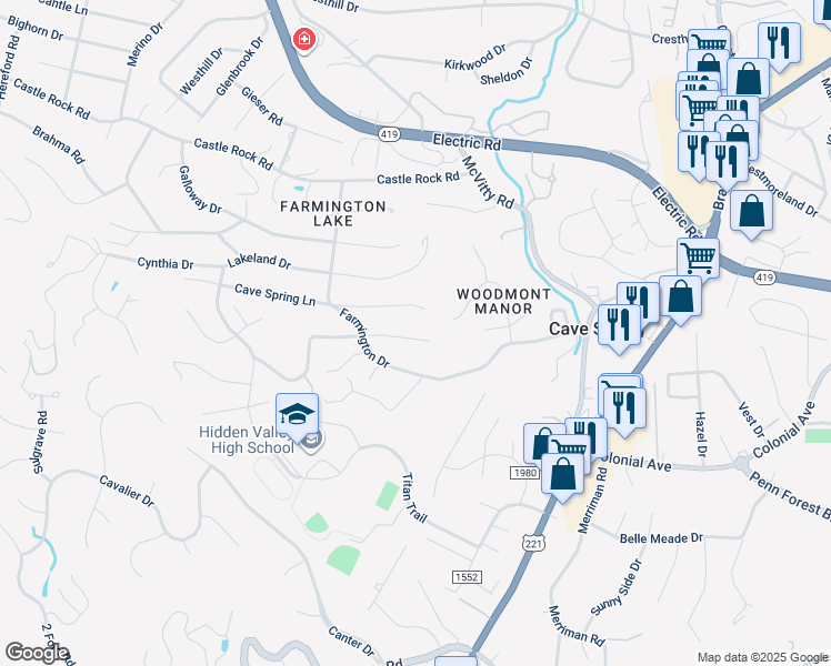 map of restaurants, bars, coffee shops, grocery stores, and more near 5217 Luwana Drive in Cave Spring