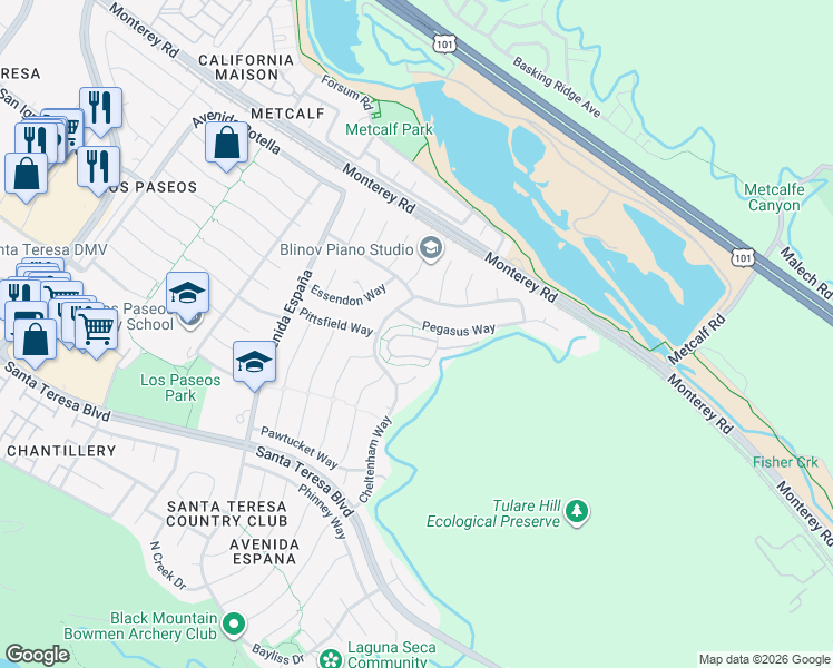 map of restaurants, bars, coffee shops, grocery stores, and more near 7388 Tulare Hill Drive in San Jose